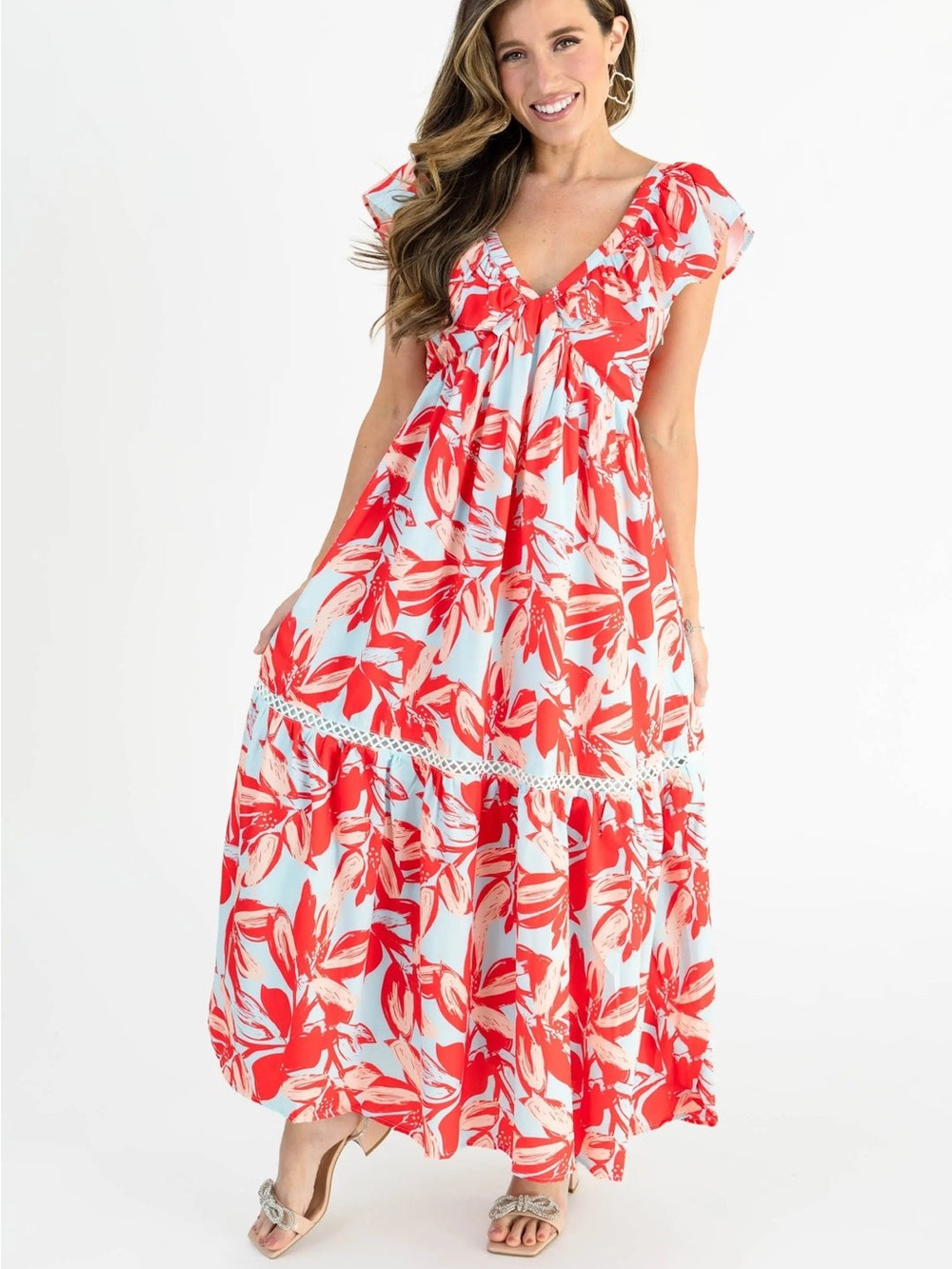 Floral V-Neck Maxi Dress in Red and Light Blue